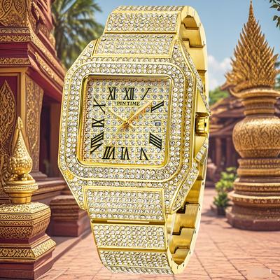 Square Diamond Men Watch Luxury Gold Iced Out Watch Big Dial Quartz Business Wrist Watch