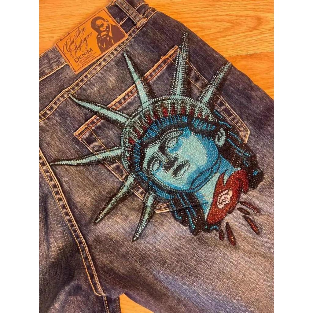 FlowStreet Y2k 2000s Statue of Liberty Diamonds Denim Pants Casual High Waist Straight Wide Leg Jeans Harajuku Vintage Pants