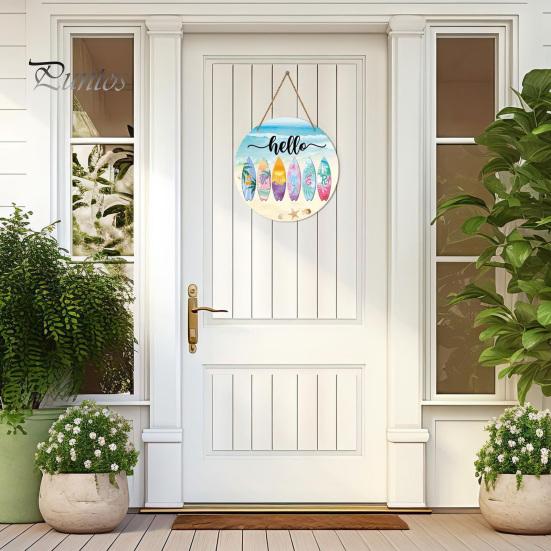 Tropical Wall Decor Hello Summer Door Sign, Ice Pop Flip Flop Welcome Hanger, Coastal Hanger Farmhouse Hanging Wooden Wreath for Front Home