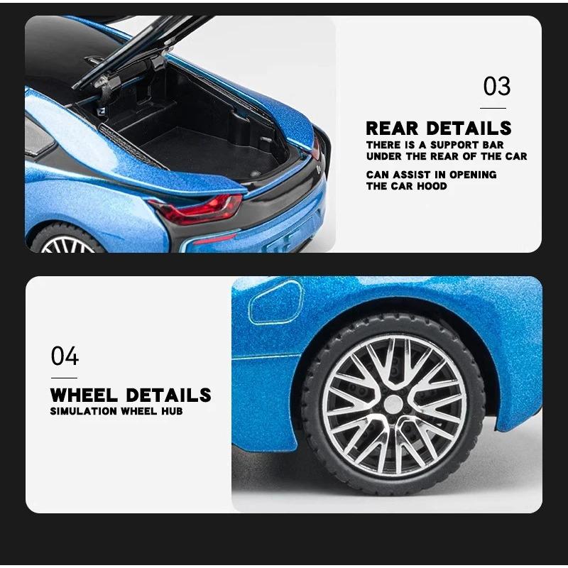 Miniaturas 1/32 BMW I8 Super Coche Deportivo Alta Simulación Diecast Aleación Modelo de Coche Sonido y Luz Retroceso Colección Juguete para Niños Regalo