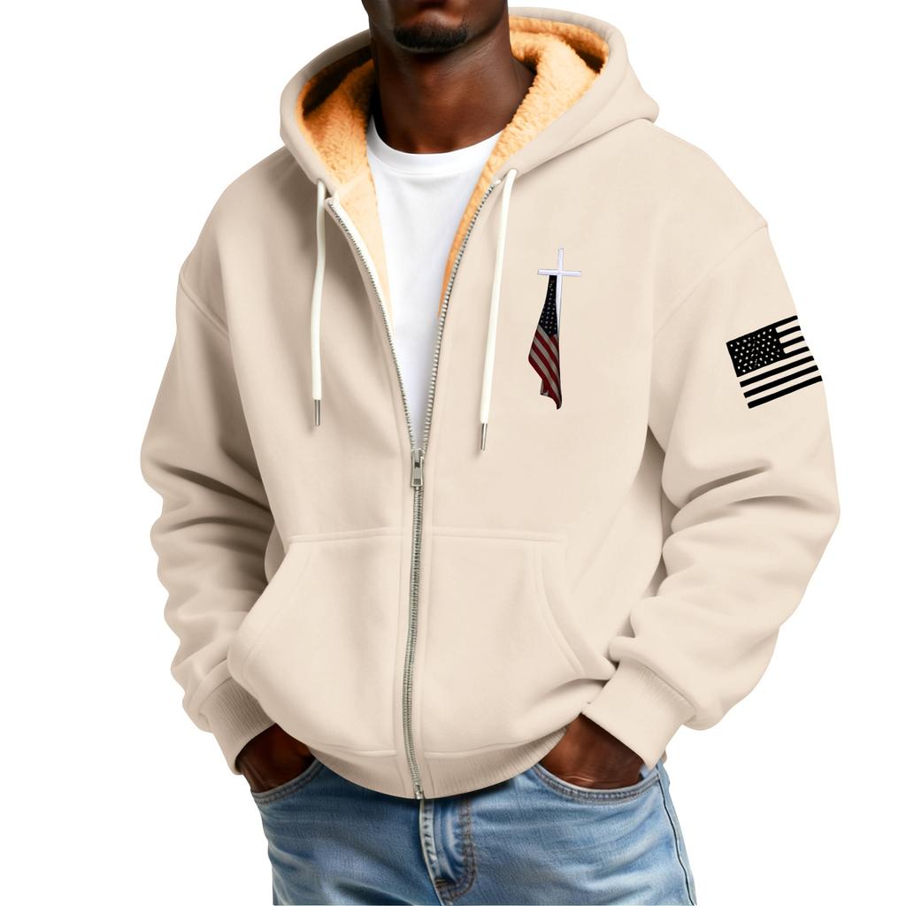 Men's Flag Print Fleece-Lined Zip-Up Pocket Hooded Sweatshirt Cardigan Men's Casual Sweatshirt Cardigan