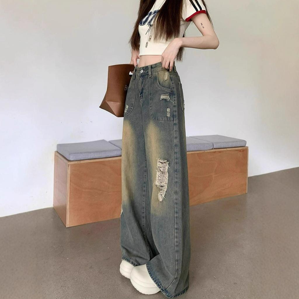 Design Sense Hole-breaking Jeans Women's Niche Straight High-waisted Vintage Dragging Floor Wide-legged Trousers Jeans for Women Long Denim Pants