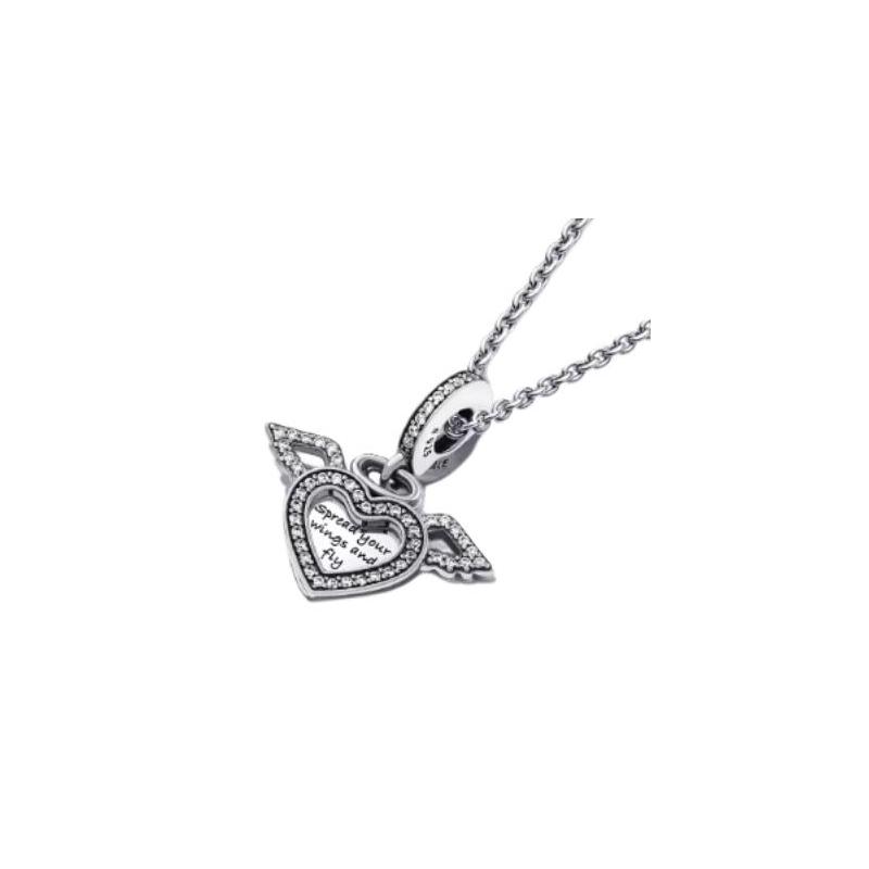 Pandora Heart Shaped Angel Wings Set 925 Silver Necklace Women's ZT2368
