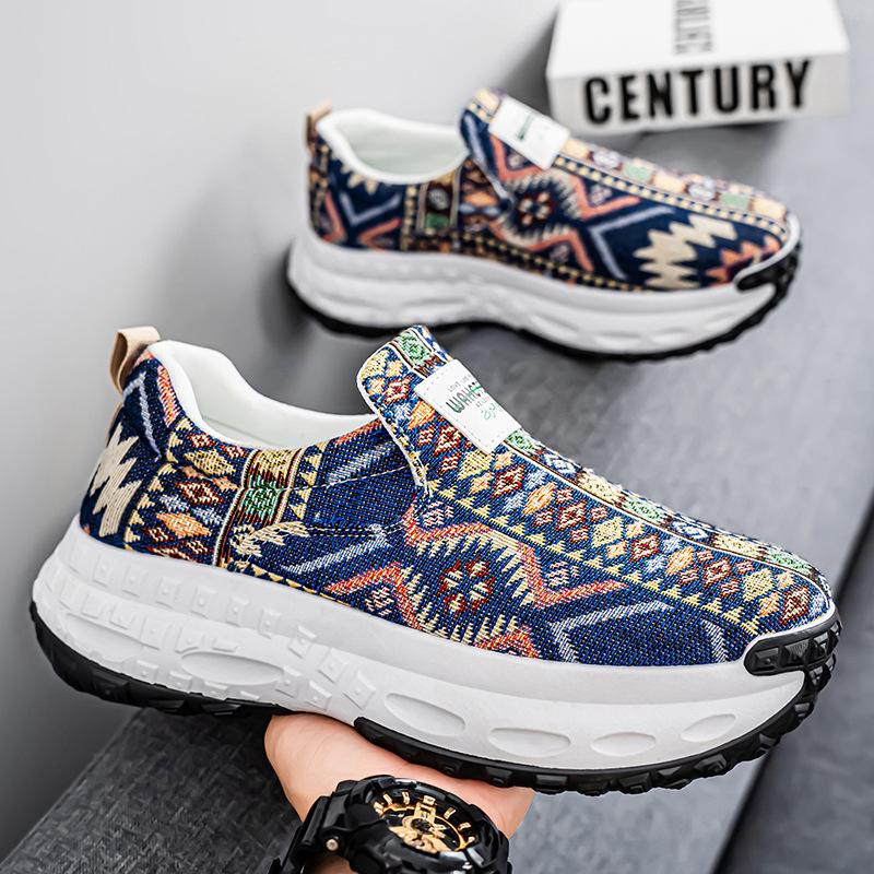 Foreign Trade One-pedal Thick-soled Dad Men's Versatile Printing Heightening Canvas Lazy Shoes Middle-aged and Elderly Lightweight Sports Shoes