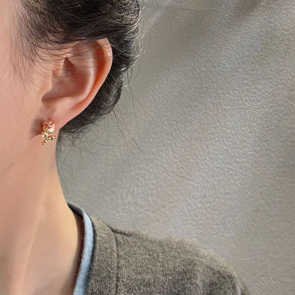 Party Jewelry Pink Rose Studs Earrings 925 Sterling Silver Needle Zircon Small Earrings  for Women