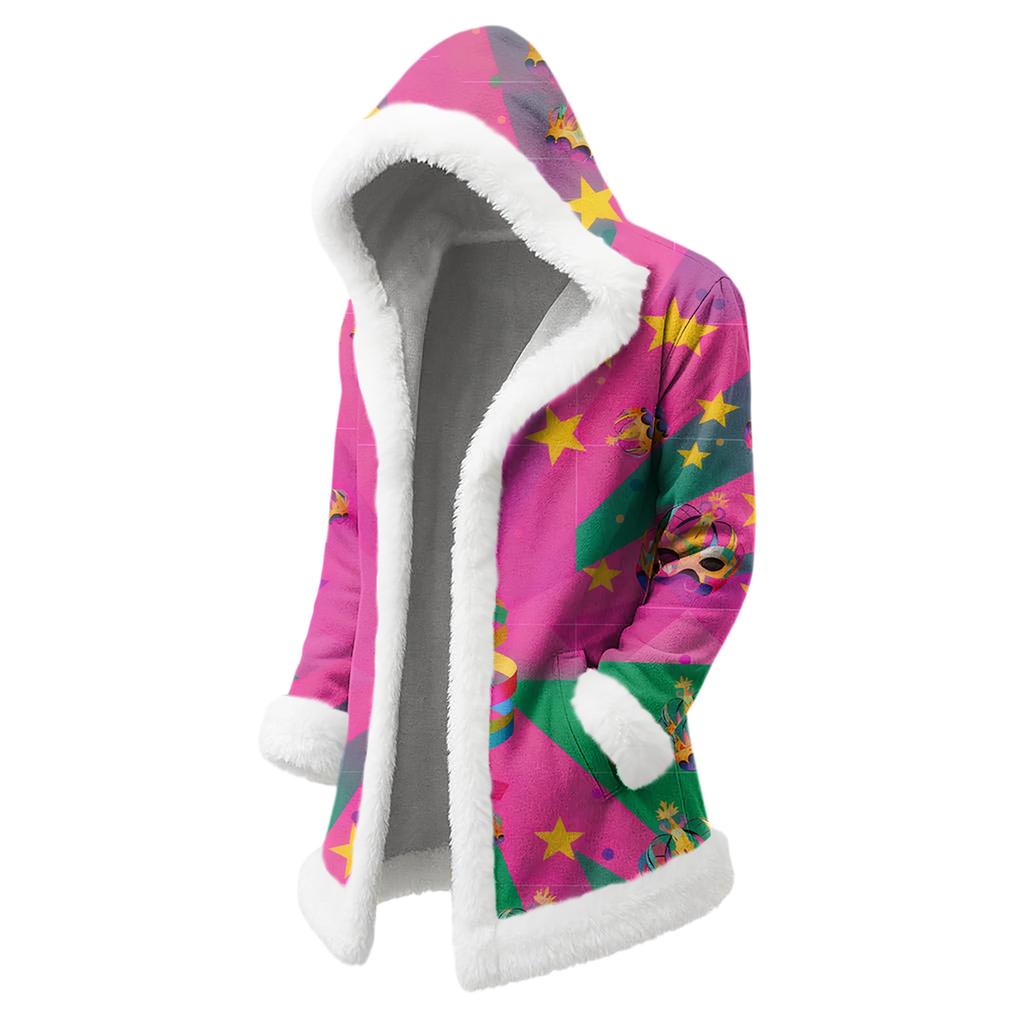 Unisex Casual And Fashionable Plush Collar Hooded Long Sleeved Carnival Print Jacket