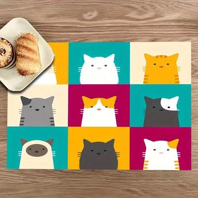 4pcs Colorful Cat Placemats – Checkered Design, Heat-Resistant, Easy-Clean Polyester, Fun Home & Holiday Dining Decor