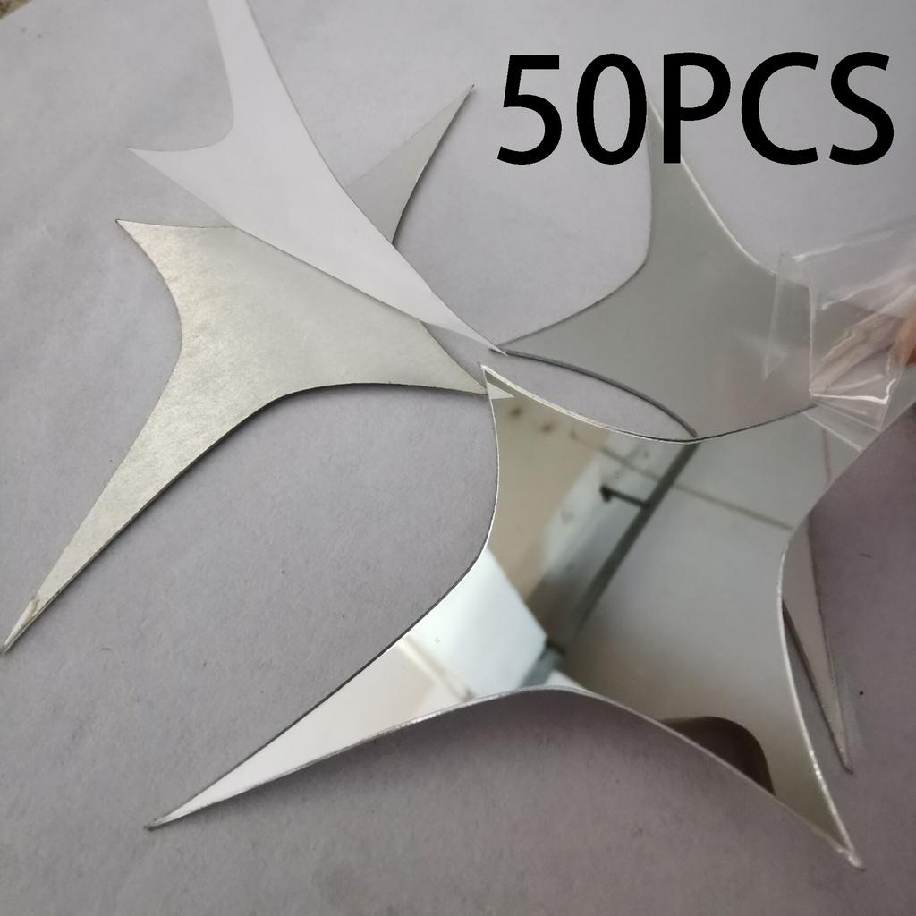 50Pcs Fashionable Removable 3D Star-Shaped Mirror Effect Wall Art Decals Stickers for Home Decor (Color: Silver)