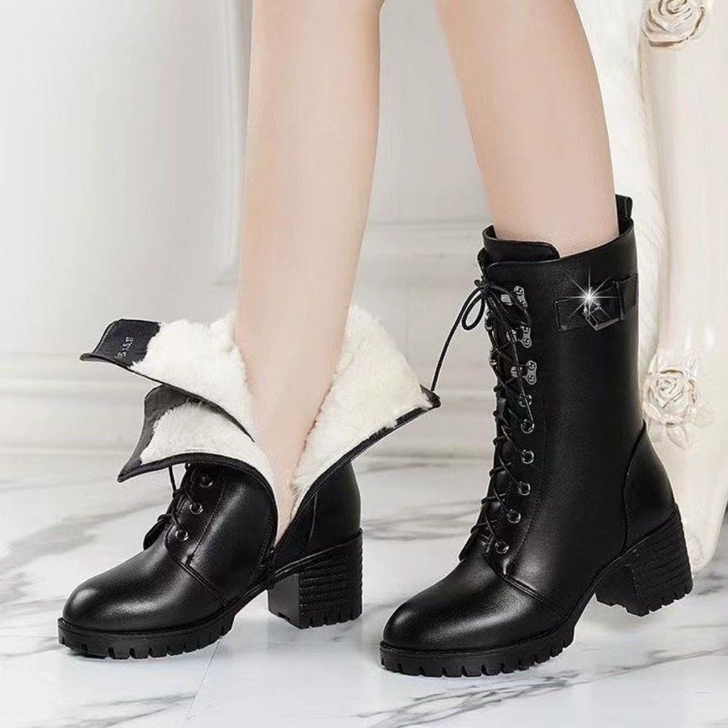 Winter High-heeled Leather Women Winter Boots Thick Wool Warm Women Military Boots High-quality Female Snow Boots