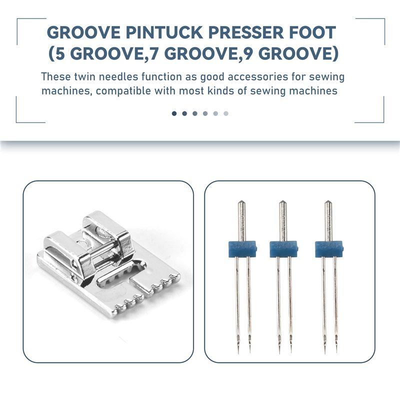 Feb.3 Pcs Double Twin Needles Pins (3 Size Mixed 2.0/90 3.0/90 4.0/90) With 3Pcs Groove Pintuck Presser Foot Sewing Machine Acce
