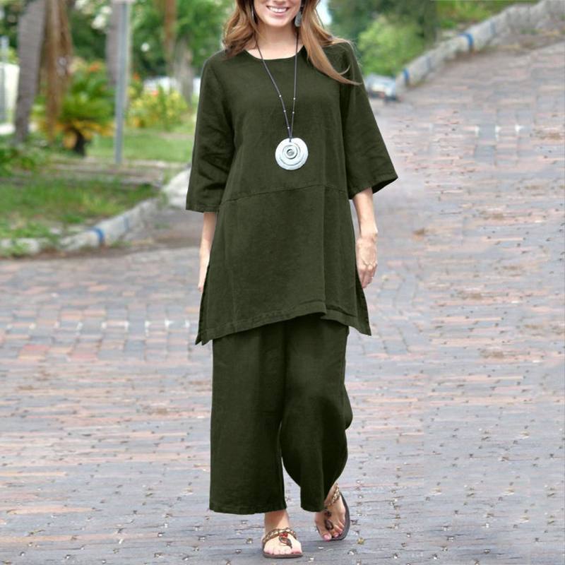 

Cross border foreign trade plus size women s solid color Chinese style retro pants set cotton linen casual mid sleeve loose cott 5XL зелений