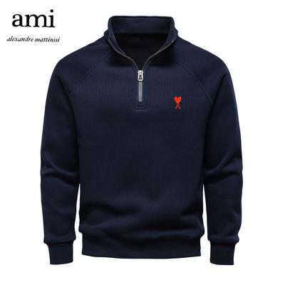 AMI 2025 New Autumn/Winter Embroidery Half Zipper Hoodie Stand Up Collar Trendy Versatile Plush Men's Hoodie