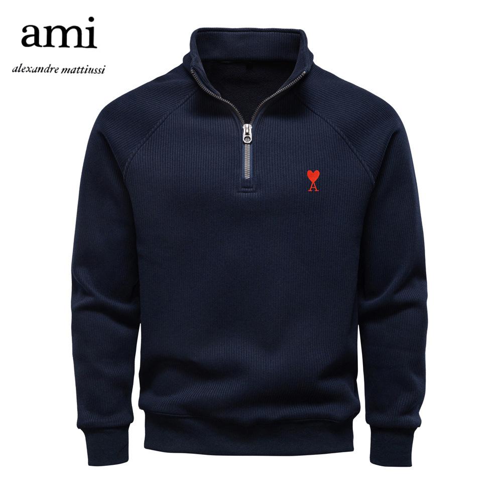AMI 2025 Nieuwe Herfst/Winter Borduurwerk Halve Rits Hoodie Opstaande Kraag Trendy Veelzijdig Pluche Heren Hoodie L