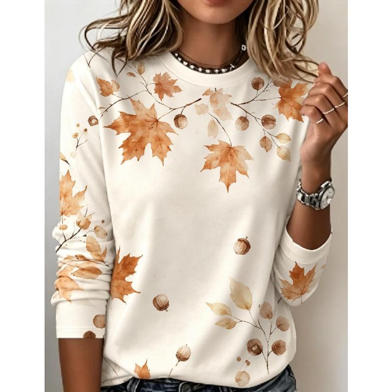 Women Long Sleeve T Shirt Round Neck Casual Tops Watercolor Maple Leaf Acorn Print Autumn Fashion Loose Fit Daily Wear