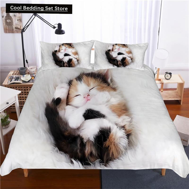 Super Cute Kitten Kids Bedding Set Kawaii Girl Quilt Cove King Queen Size Cat Animal 2/3pcs Polyester Duvet Cover (No Sheet)