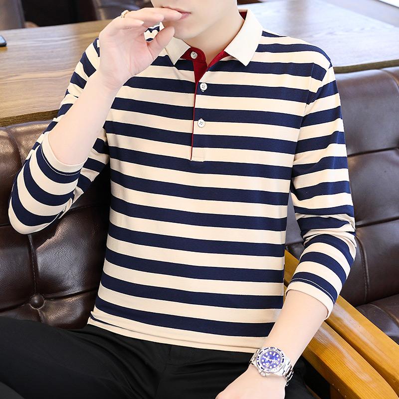 

Мужской повседневный топ из чистого хлопка, футболка с воротником, полосатая, с длинным рукавом, хлопковая деловая футболка, рубашка поло 4XL синий