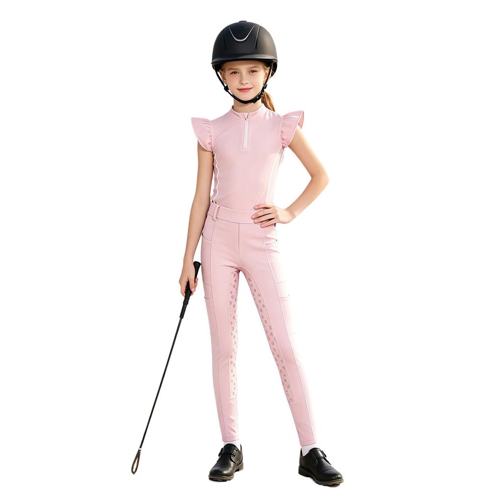 Mädchen Reitsport Reiten Reißverschluss Stehkragen Rüschenärmel Kontrastbesatz Oberteil Anti-Rutsch Vollbesatz Reithose Outfit