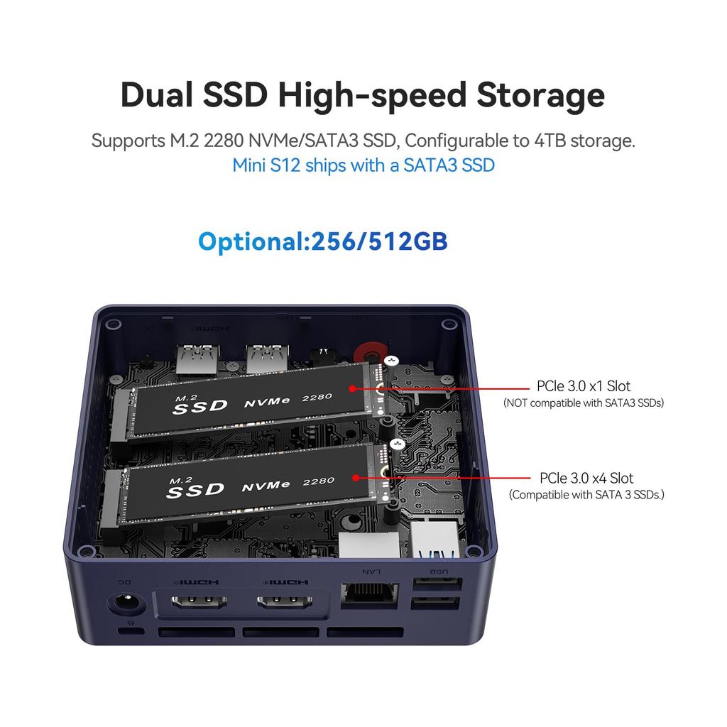 Beelink MINI S12 Mini Intel Alder Up To 8GB 256GB Business Mini Desktop Dual PC, Lake-N95 Processor, 3.40GHz, RAM, SSD, PC, HDMI/2.5G RJ45/WiFi 5/BT