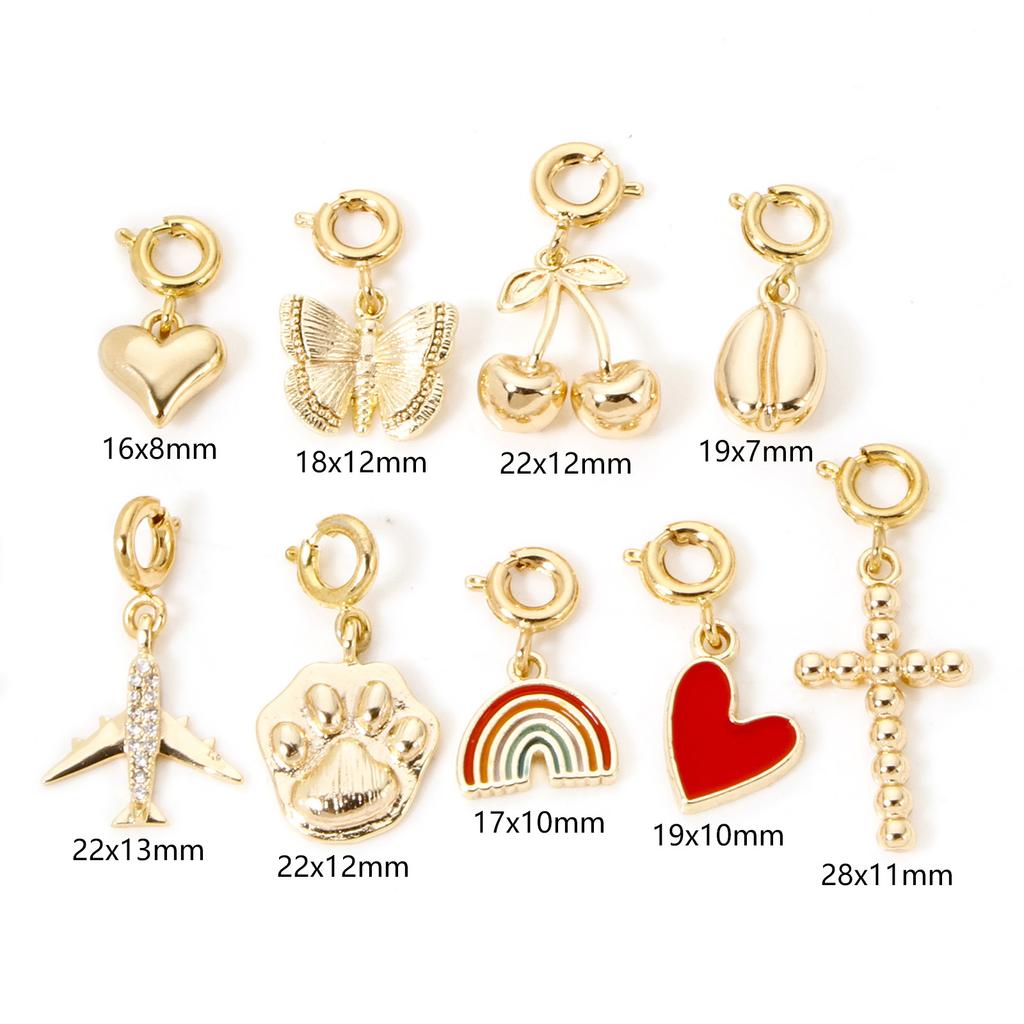 1 Piece Brass Charms 18K Real Gold Plated With Spring Ring Clasp Cherry Heart Rainbow Pendant For DIY Neckalce Bracelet Making
