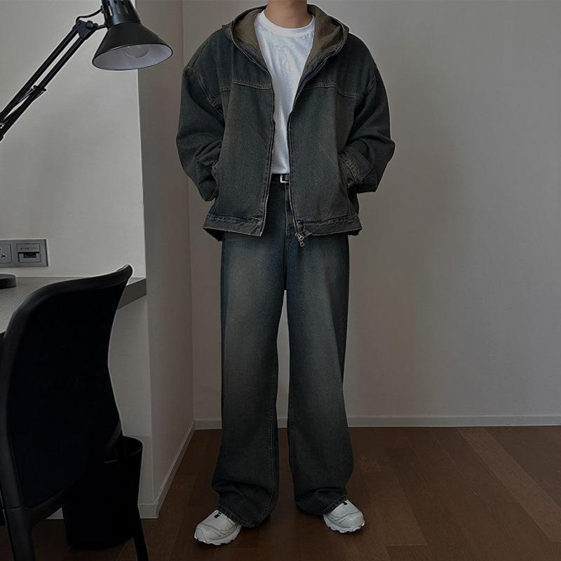 Retro Old Straight Jeans Men's Spring Hooded Denim Jacket Korean Fashion Denim Suit