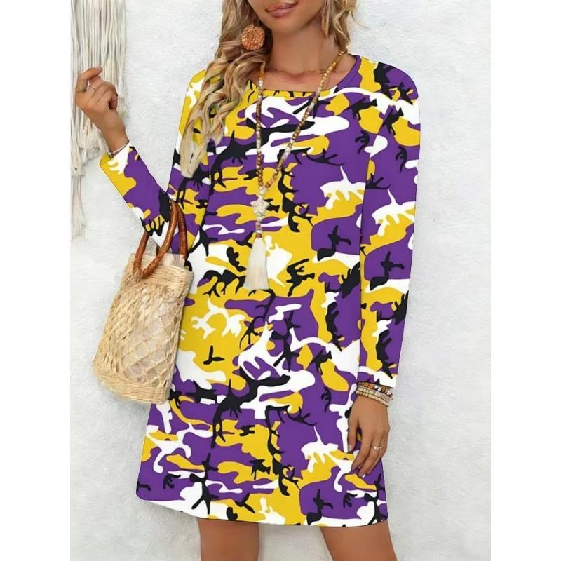 Ladies' Long Sleeved Round Neck Casual Mini Dress, 3D Retro Camouflage Printed Casual Vacation Dress