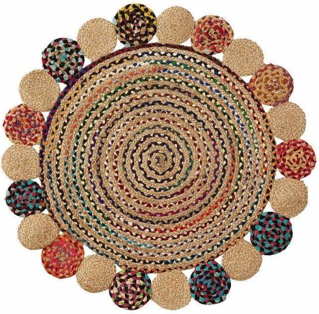 Aizza Trends Indian Handmade Braided Natural Jute and Cotton Round Floor Area Rug- Jute Rug- Dining Room- Living room-Center Table Carpet-Floor Mat