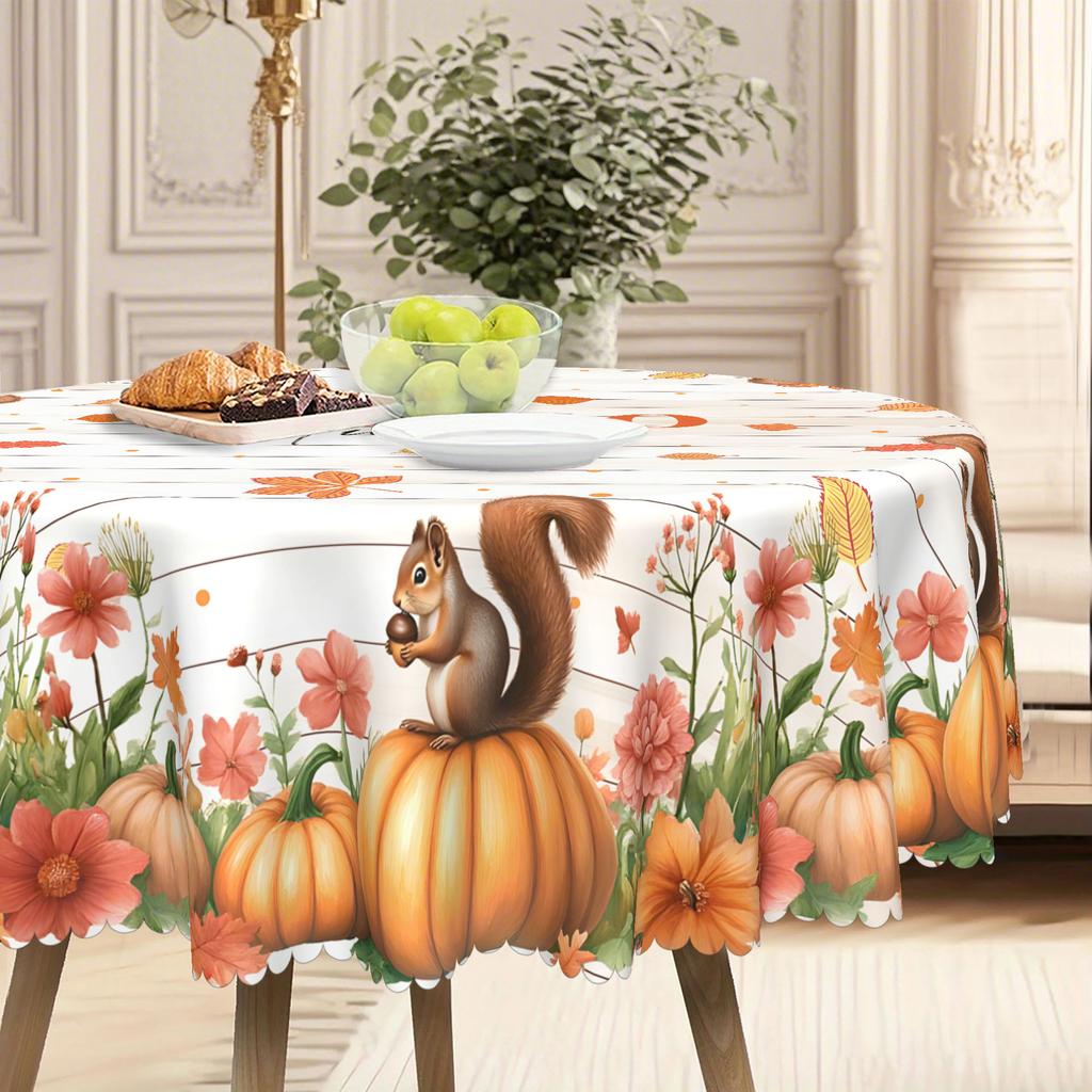1 Thanksgiving Harvest Tablecloth, Rustic Grid Round Autumn Tablecloth With Cute Dog And Leaves