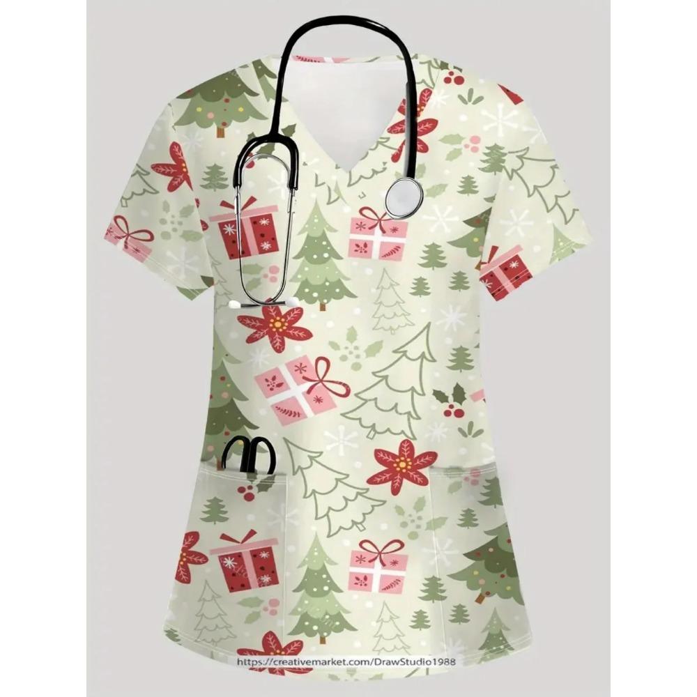 Kittel Uniform Frau Weihnachtsserie Drucke Tierarzt V-Ausschnitt Kurzarm Krankenschwester Sommer Mode Zahnarzt Klinische Uniformen Frau L