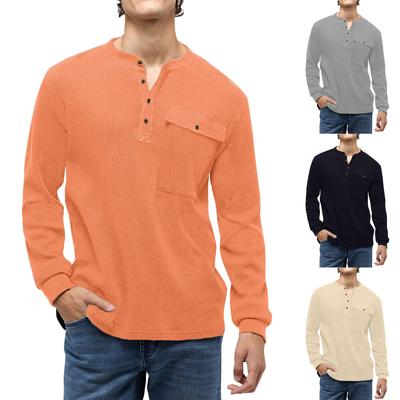 T-shirt à manches longues et col rond boutonné pour homme, couleur unie, style sport et mode