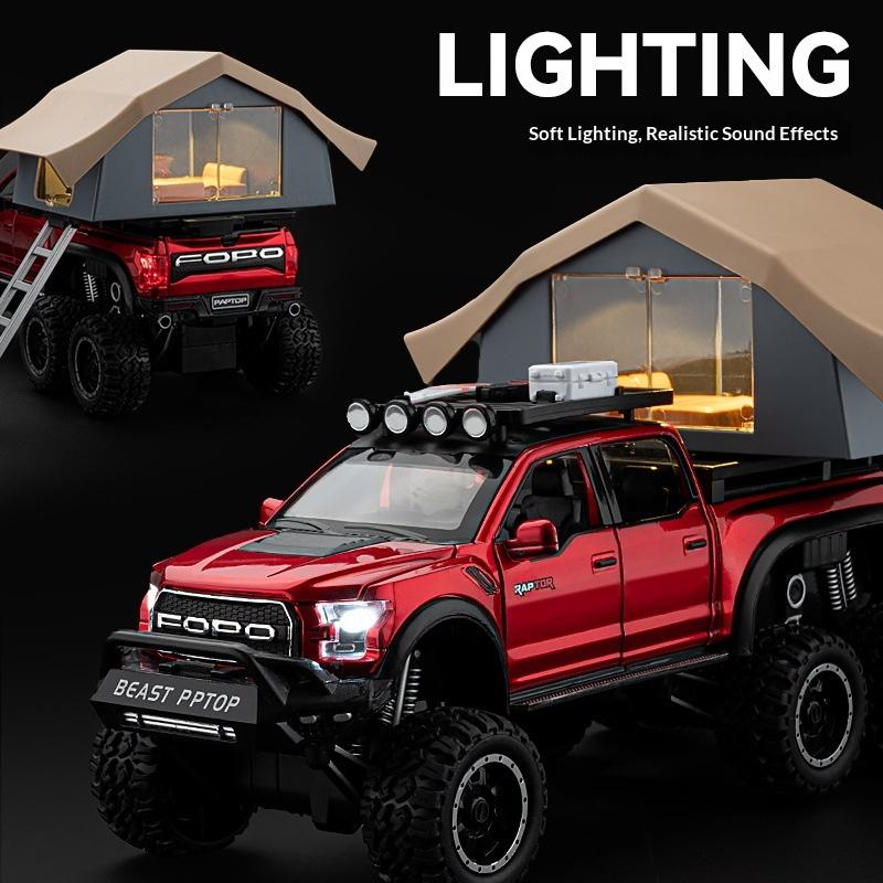 1:24 F150 Camping Rv Off Road Pickup Truck Alloy Metal Diecast Model Car Sound & Light Toys Ornaments Gifts For Kids Pull Back