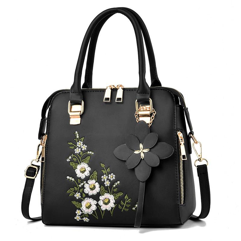 Women Floral Embroidered PU Leather Tote Bag, Luxury Designer Top-Handle Handbag with 3D Flower Charm, Adjustable Crossbody Shoulder Bag
