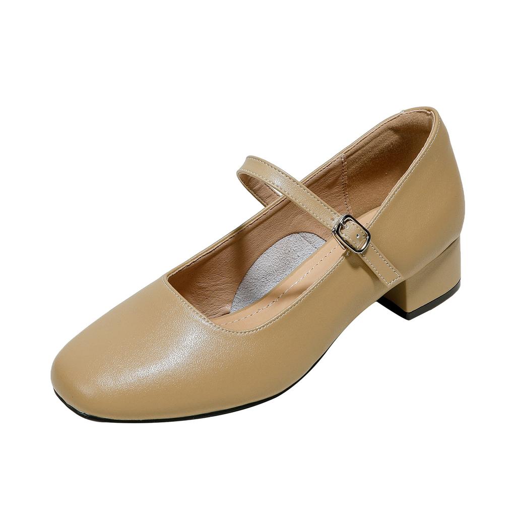 Skórzane buty na grubej podeszwie, średnim i niskim obcasie, damskie, z paskiem na jeden guzik, Mary Jane, buty damskie, styl bajkowy, do spódnicy, francuskie, na wysokim obcasie