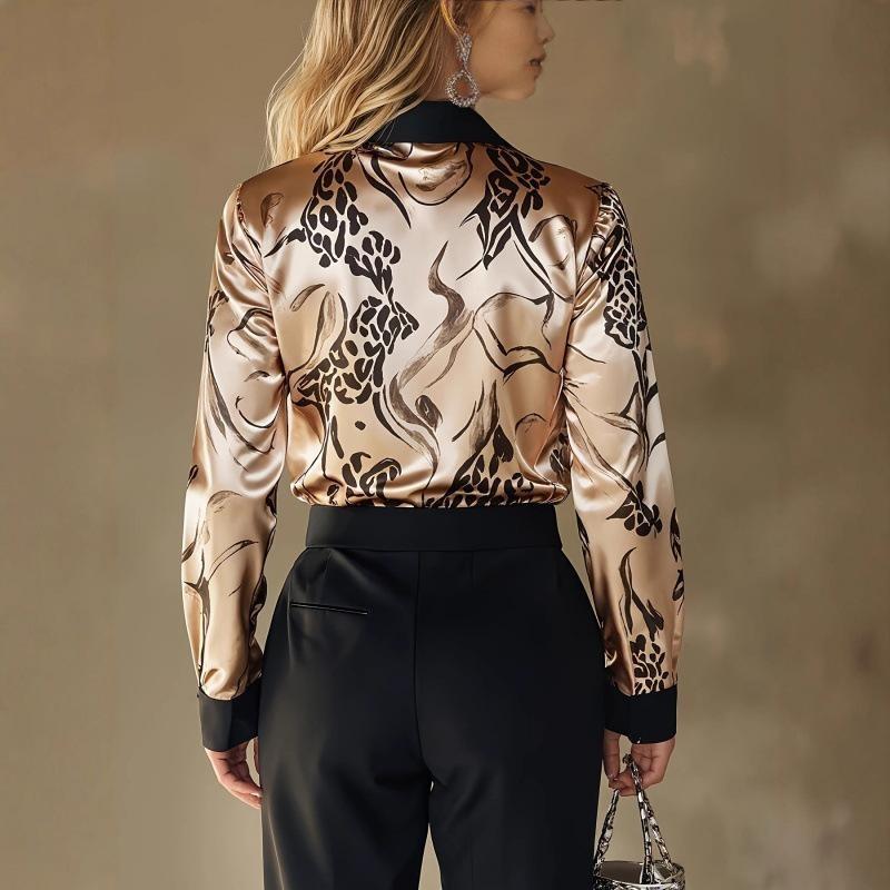 Spot 2026 Populaire Automne Nouveau Chemisier à Manches Longues en Satin Imprimé pour Femmes