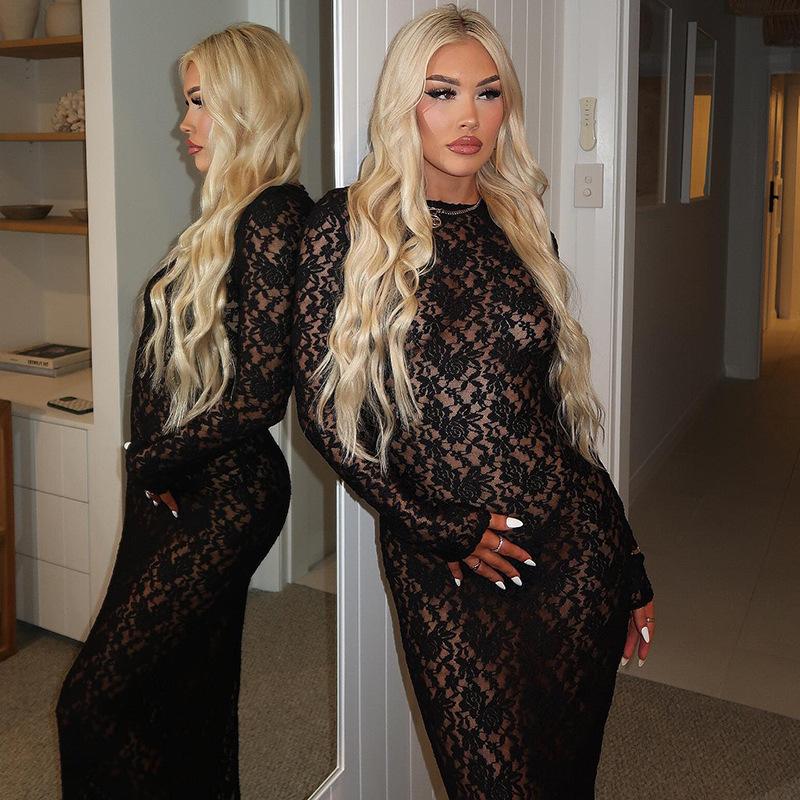 Hot Selling Women's Sexy Hollow Lace Pattern Perspective Slim Fit Long Cocktail & Evening Dresses