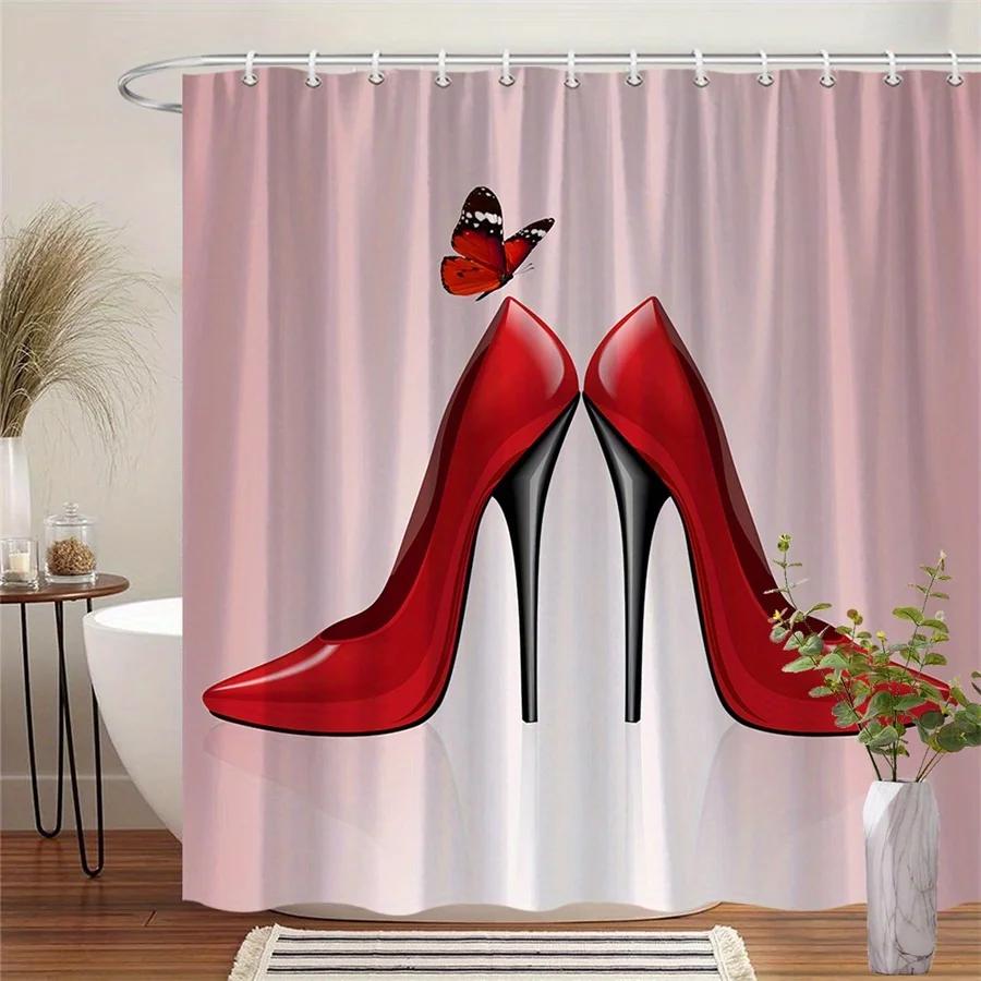 

Glossy Red Shoes & Butterfly Shower Curtain - Elegant Black Butterflies, Soft Pink Gradient, White Spots, 12 Hooks, Moving Gift W60H190(CM)-1 Pcs