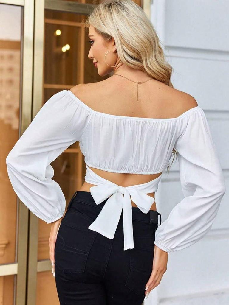 Damen schulterfrei gerafft gebundenes Crop-Top Laternenärmel Boho Sommerbluse