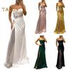 Lady Evening Dress Bandeau Off Shoulder Sleeveless Pleated Knot Mesh Patchwork Shiny Sequin Ball Gown Satin Floor Length Banquet Prom Maxi Dress