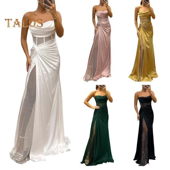 Vestido de noche para mujer, estilo bandeau, sin mangas, con hombros descubiertos, plisado, con nudo, de malla, con parches, brillante, con lentejuelas, vestido de baile de satén, largo hasta el suelo, para banquetes y fiestas de graduación