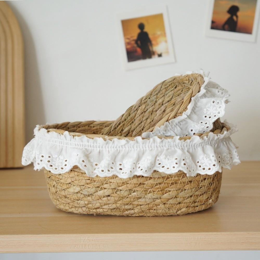 Natural French Style Desktop Woven Basket Oval Round Lace Trim Straw Storage Box Hand Woven Sundries Storage Box Desktop