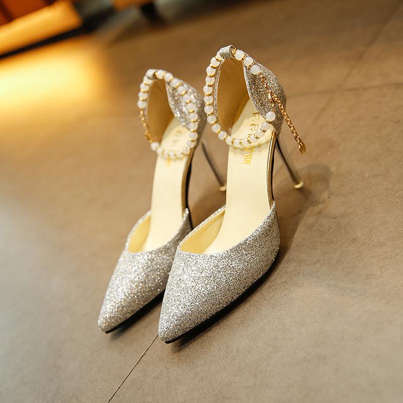 10cm Stiletto Heels Sexy Pointed Toe Sandal for Women Pearl Beaded Ankle Strap Elegant Summer Shoes