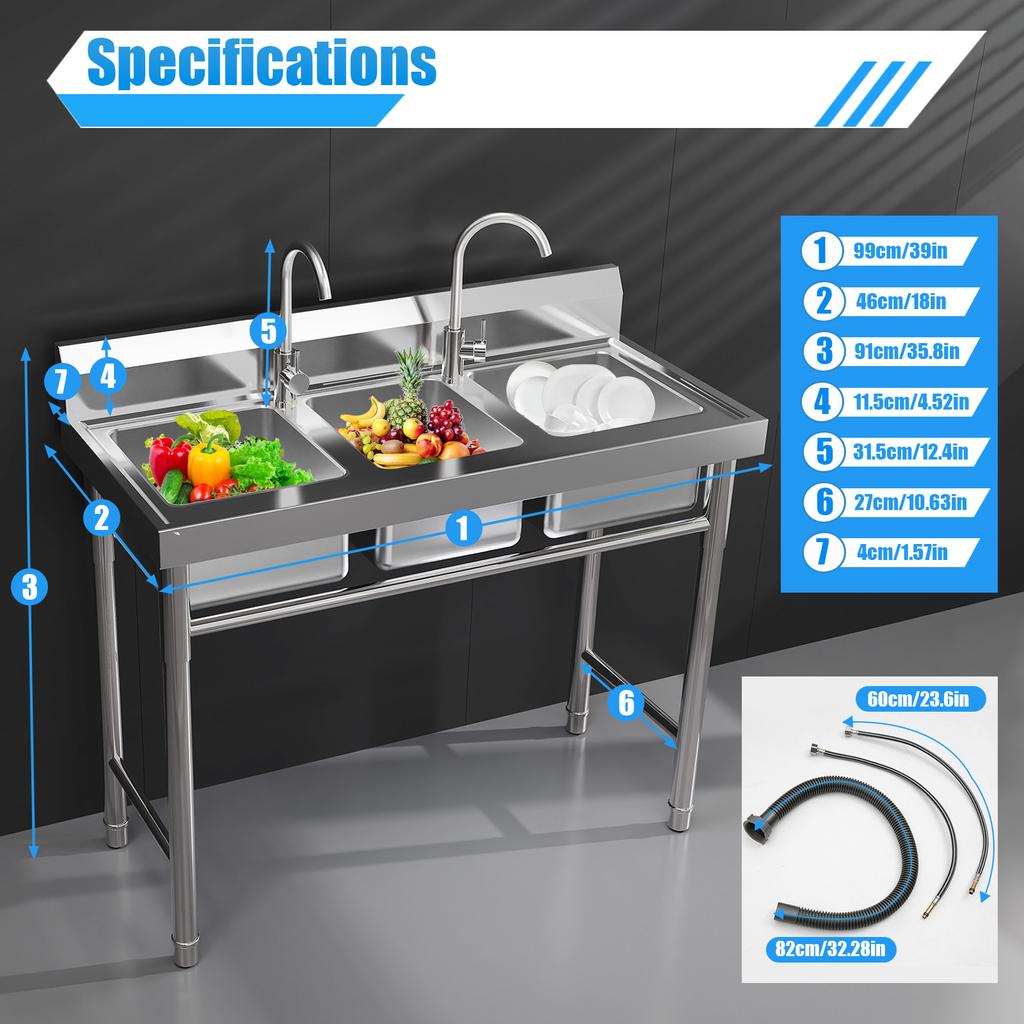 3 Compartment Stainless Steel Kitchen Sink with Hot & Cold Water Faucets Freestanding Utility Sink Kitchen Basin 39*18*35.8in