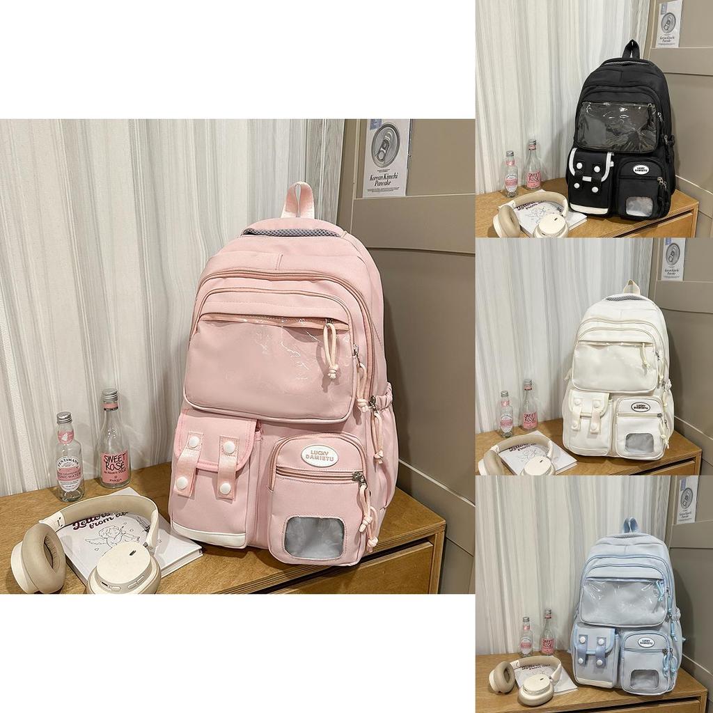 Simple Solid Color Student Backpack With Transparent Compartment And Doll Decor For Youth College Student