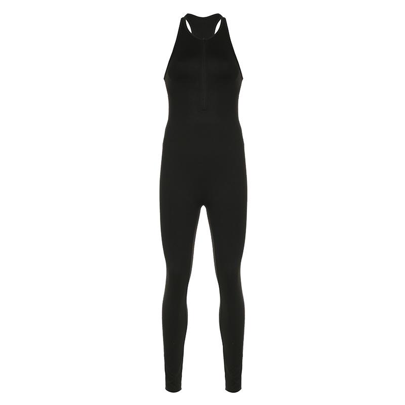 Stylish European & American Women's Sports Zipper Patchwork Yoga Jumpsuit with Cutout Back