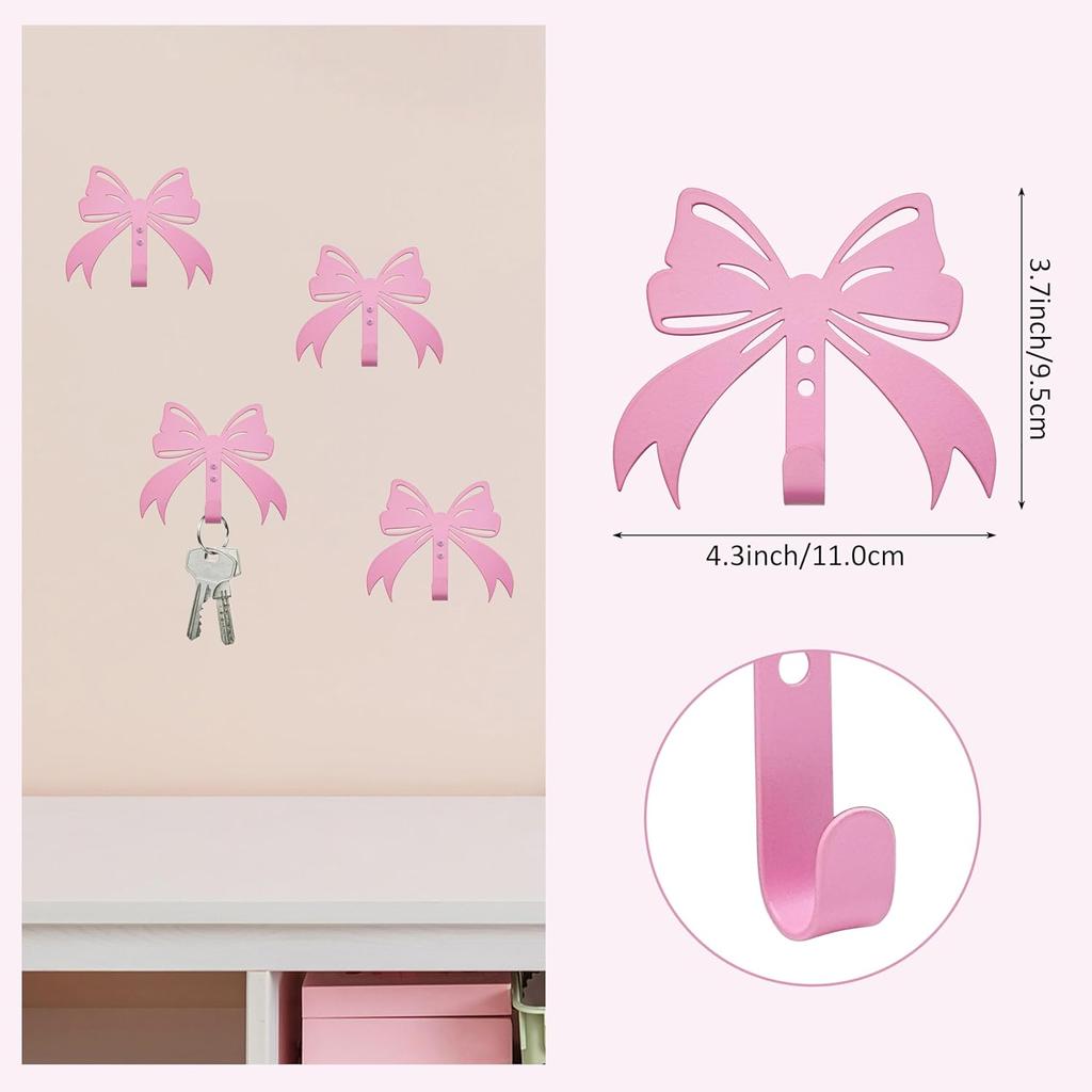 4 Pcs Metal Bow Knot Hooks Wall Door Hanger Towel Hooks Coat Hanger Decorative Holder for Home Bathroom Living Room (Pink)