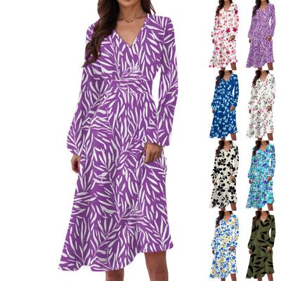 Robe Longue Décontractée Mode Femme Imprimé Floral Col en V Manches Longues Taille