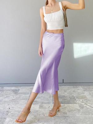 Falda Larga Morada de Satén de Cintura Alta y Corte Slim - Moda de Otoño para Mujer