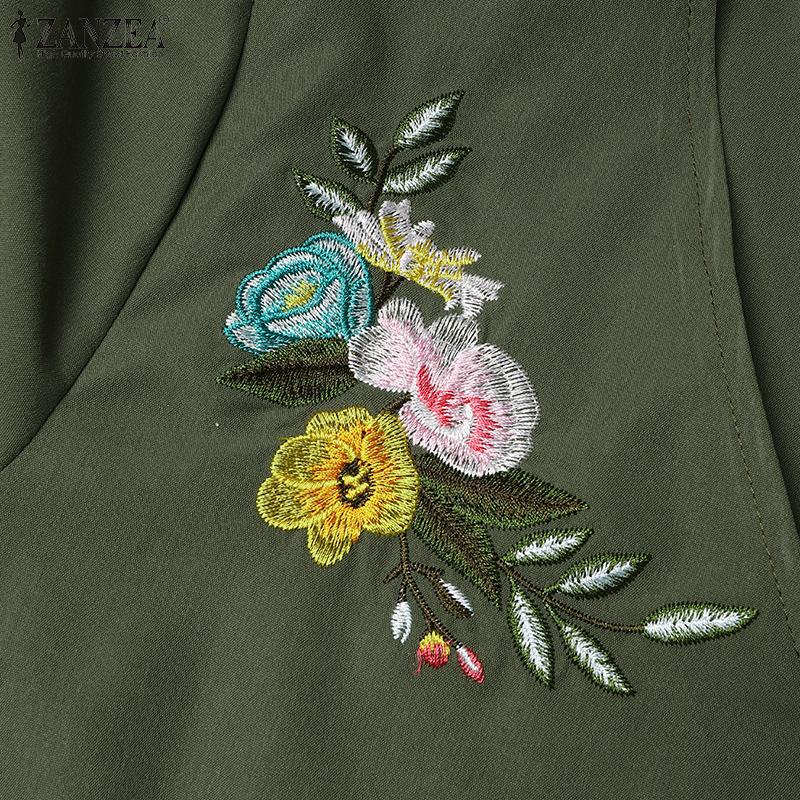 ZANZEA Vestido casual con bordado floral y manga corta con cuello en V para mujer