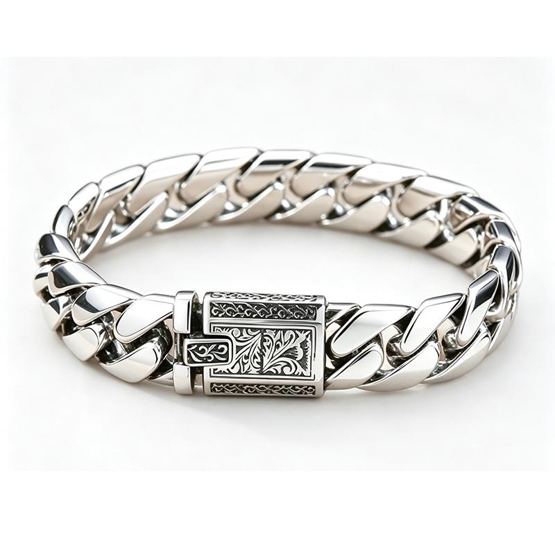 Retro Engraved Pattern Buckle S925 sterling silver Men Bracelet Wide Cuban Curb Chain Fashion Male Silver Wrist Jewelry
