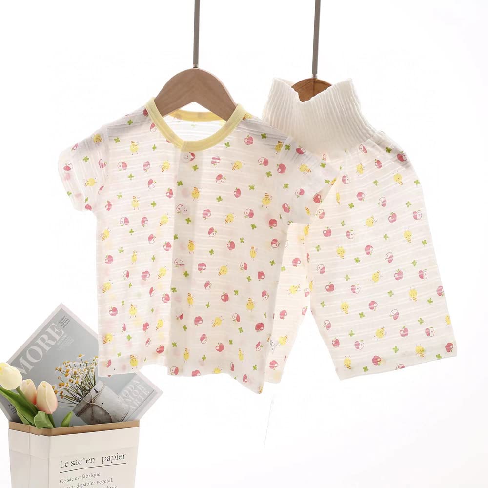 Baby Clothes Pajamas Summer Clothes Thin Cotton Belly Band Top and Bottom Set Open Front Short Sleeve Girls Loungewear Clothes Mesh All Over Pattern