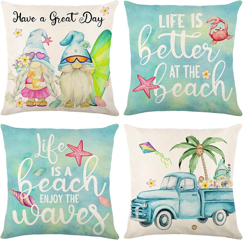 Hello Summer Throw Pillow Covers 18 In X 18 In, Farmhouse Coastal Starfish Seashell Cushion Case For Sofa Couch Set Of 4